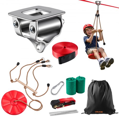 VEVOR Kit de Tirolesa para Niños 19,8 m, Carga hasta 150 kg, para Jardín, con Tensor de Trinquete, Asiento Columpio y Configuración, Certificación CPC, para niños de 6-16 Años, No Apta para Adultos