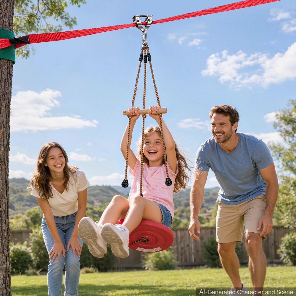 VEVOR Kit de Tirolesa para Niños 19,8 m, Carga hasta 150 kg, para Jardín, con Tensor de Trinquete, Asiento Columpio y Configuración, Certificación CPC, para niños de 6-16 Años, No Apta para Adultos