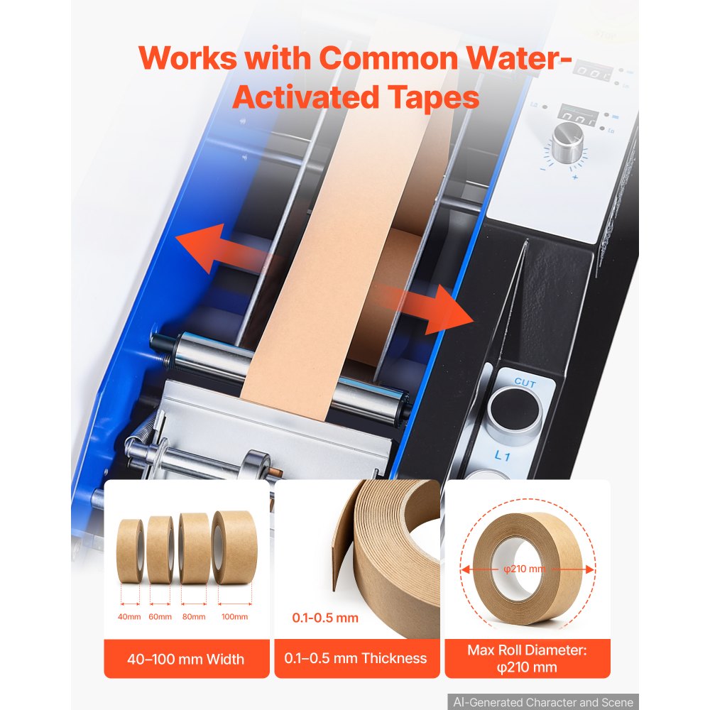VEVOR Dispensador de Cinta Kraft Activada por Agua Automático 100-995 mm, con Humectación Automática, Ancho de 40-100 mm, Depósito de 1,3 kg y Acero Q235, Máquina Cortadora de Cinta para Embalaje