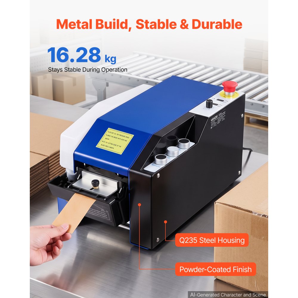 VEVOR Dispensador de Cinta Kraft Activada por Agua Automático 100-995 mm, con Humectación Automática, Ancho de 40-100 mm, Depósito de 1,3 kg y Acero Q235, Máquina Cortadora de Cinta para Embalaje
