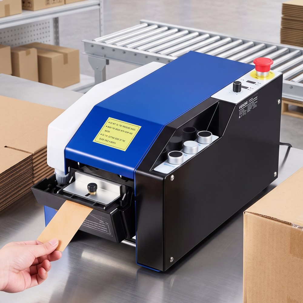 VEVOR Dispensador de Cinta Kraft Activada por Agua Automático 100-995 mm, con Humectación Automática, Ancho de 40-100 mm, Depósito de 1,3 kg y Acero Q235, Máquina Cortadora de Cinta para Embalaje
