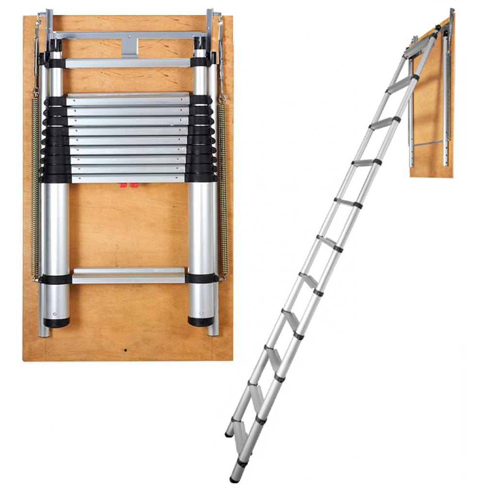 VEVOR Escalera Telescópica Plegable de Aluminio para Ático 600 x 1000 mm Capacidad de Carga de 158,8 kg Extensión Multiusos Ligera y Portátil Altura de Instalación 3-3,2 m para Ático, Oficina, Hogar