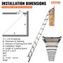 Tabla de dimensiones de instalación de escalera de ático VEVOR, compatible con la mayoría de los hogares.