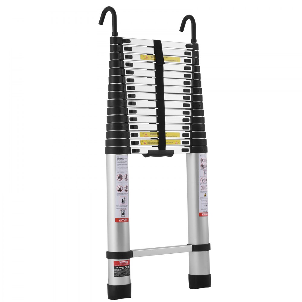 VEVOR Escalera Telescópica, Escalera Extensible Ligera de Aluminio Plegable Retráctil con Múltiples Botones, Capacidad de 170 kg con Pies Antideslizantes, para el Hogar, RV, Loft, 490 x 96 x 1010 mm