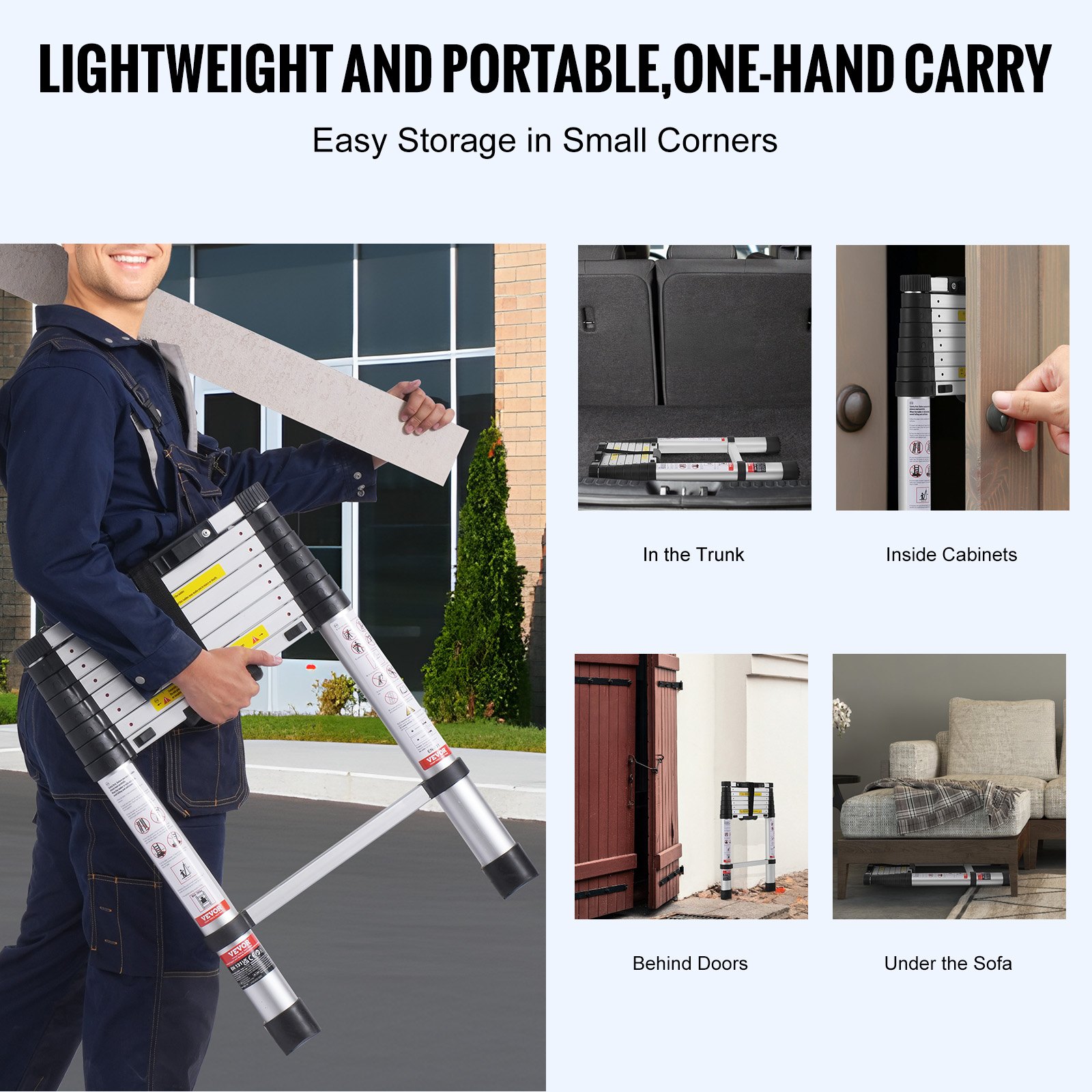 VEVOR Telescopic Ladder, 2.6 m long, extendable aluminum ladder, foldable ladder with one-button retraction, 160 kg load capacity with non-slip feet, portable compact ladder for home, camper van, attic