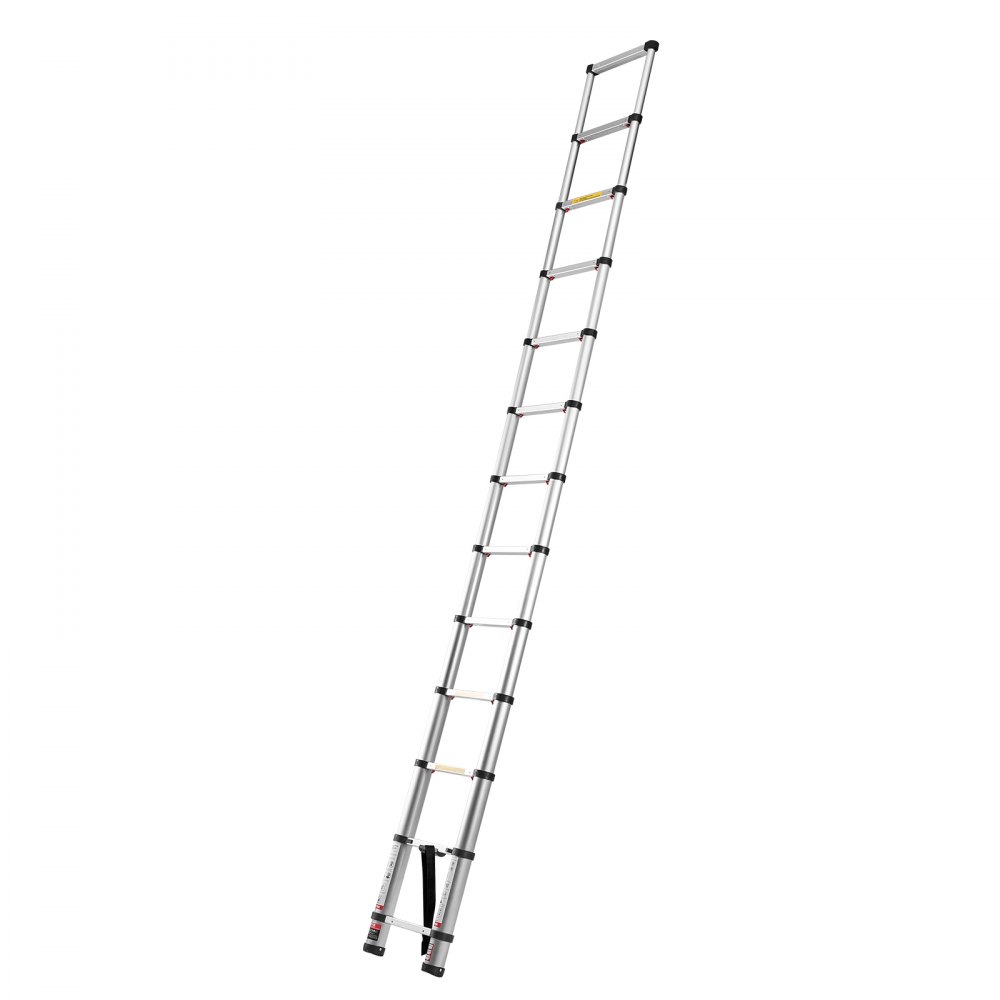 VEVOR Escalera Telescópica de Aluminio 374 cm, Escalera de Extensión Plegable con Sistema de Retracción de Un Solo Toque, Soporta hasta 150 kg, con Pies Antideslizantes, para Hogar, Ático, Jardinería
