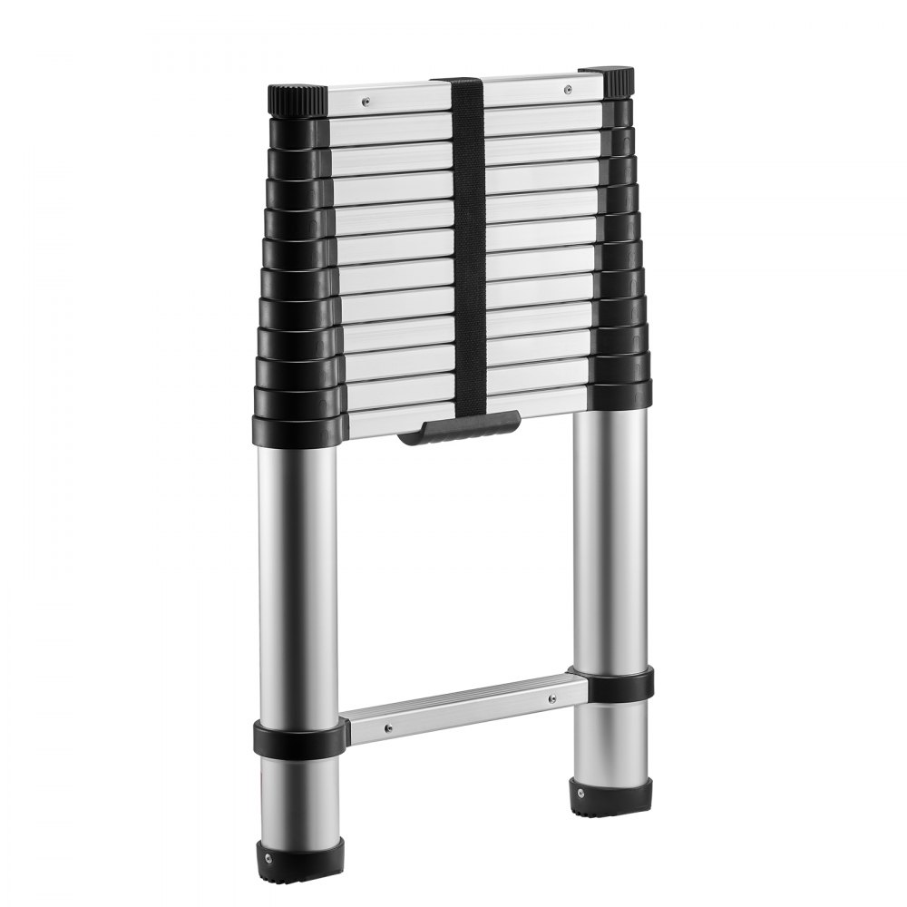VEVOR Escalera Telescópica de Aluminio 374 cm, Escalera de Extensión Plegable con Sistema de Retracción de Un Solo Toque, Soporta hasta 150 kg, con Pies Antideslizantes, para Hogar, Ático, Jardinería