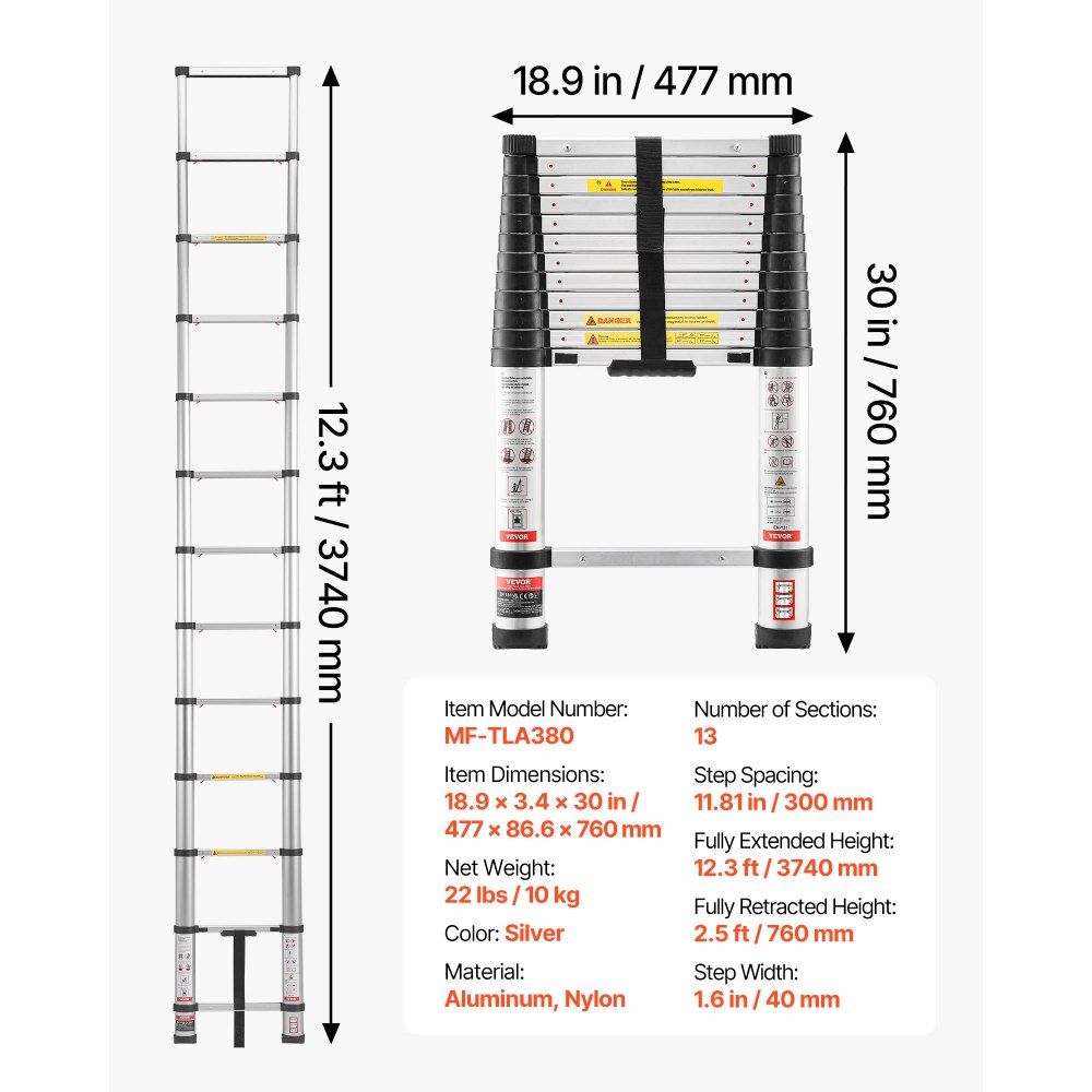 VEVOR Escalera Telescópica de Aluminio 374 cm, Escalera de Extensión Plegable con Sistema de Retracción de Un Solo Toque, Soporta hasta 150 kg, con Pies Antideslizantes, para Hogar, Ático, Jardinería