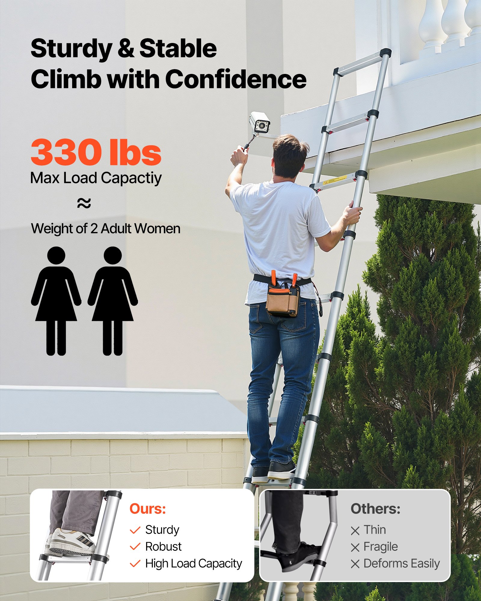 VEVOR Escalera Telescópica de Aluminio 374 cm, Escalera de Extensión Plegable con Sistema de Retracción de Un Solo Toque, Soporta hasta 150 kg, con Pies Antideslizantes, para Hogar, Ático, Jardinería