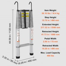 VEVOR Escalera Telescópica de Aluminio Carga de 190 kg Escalera de Extensión Portátil Alcance de 5,5 m Antideslizantes Escalera Compacta Multiusos Retracción con Un Botón para Reparaciones Domésticas