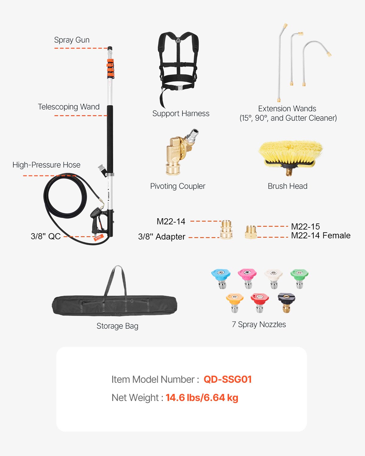 VEVOR 6358 mm telescopic high-pressure cleaner lance, telescopic spray tube, 4000 PSI telescopic spray wand with extension rods, brush head, swivel coupling, 7 nozzles, support strap, for gutters