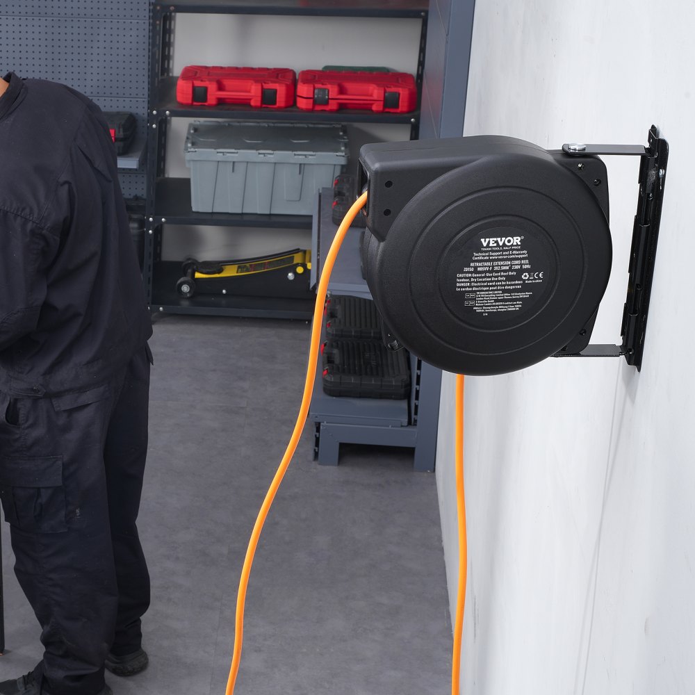 VEVOR Carrete de Cable de Extensión Retráctil 15 m 1600 W con Cable de Alimentación de 1 m Protección contra Sobrecalentamiento Carcasa de PP, Soporte Giratorio de 180° para Montaje en Techo, Pared
