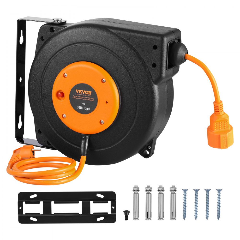 VEVOR Carrete de Cable de Extensión Retráctil 15 m 1600 W con Cable de Alimentación de 1 m Protección contra Sobrecalentamiento Carcasa de PP, Soporte Giratorio de 180° para Montaje en Techo, Pared