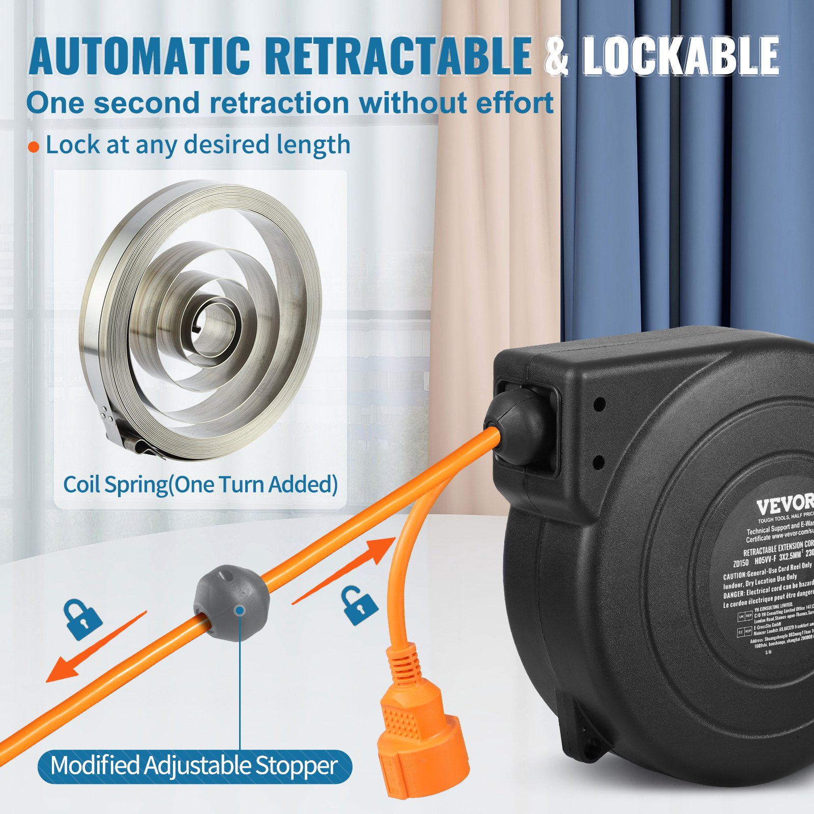 VEVOR Carrete de Cable de Extensión Retráctil 15 m 1600 W con Cable de Alimentación de 1 m Protección contra Sobrecalentamiento Carcasa de PP, Soporte Giratorio de 180° para Montaje en Techo, Pared