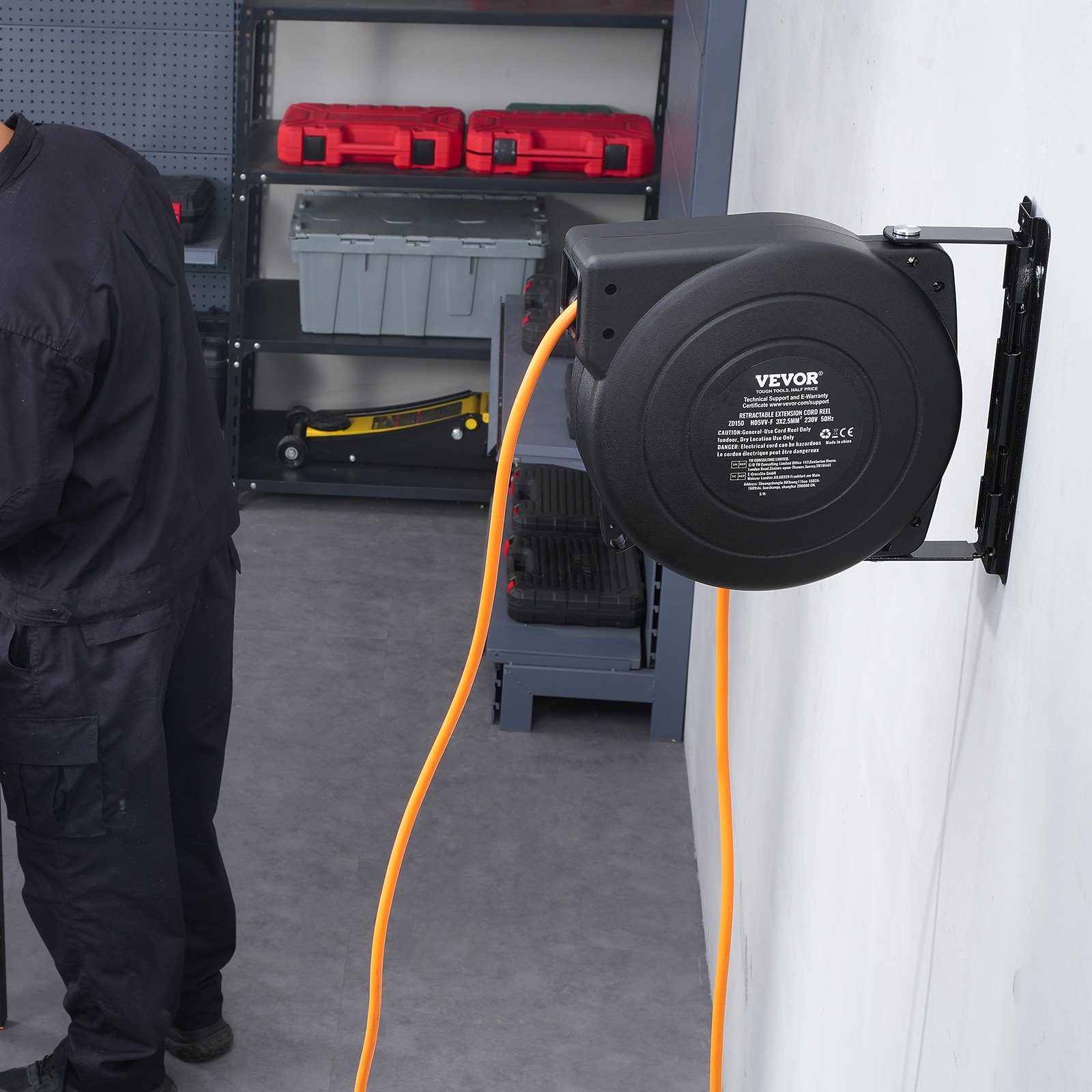 VEVOR Carrete de Cable de Extensión Retráctil 15 m 1600 W con Cable de Alimentación de 1 m Protección contra Sobrecalentamiento Carcasa de PP, Soporte Giratorio de 180° para Montaje en Techo, Pared