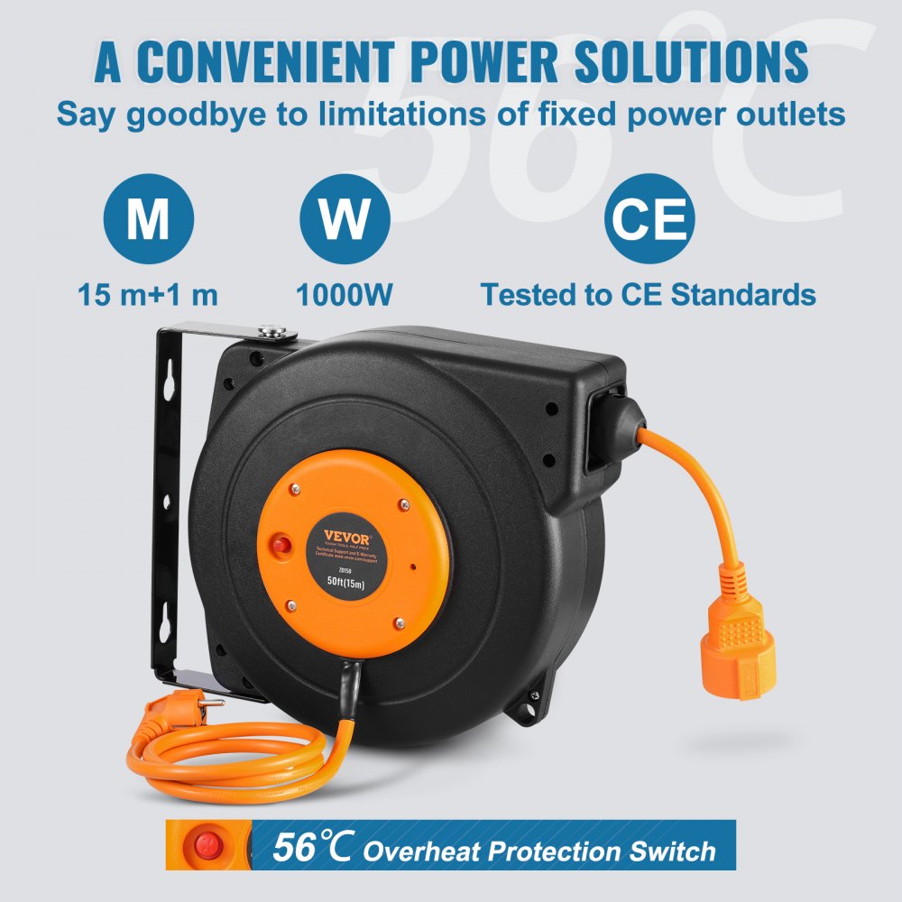 VEVOR Retractable Extension Cord Reel, 49.21 ft/15 m, 1000 W Heavy-Duty Retractable Power Cord with 3.28 ft/1 m Lead Cable, Overheating Protection, PP Sheath, 180° Swivel Bracket for Ceiling or Wall Mounting