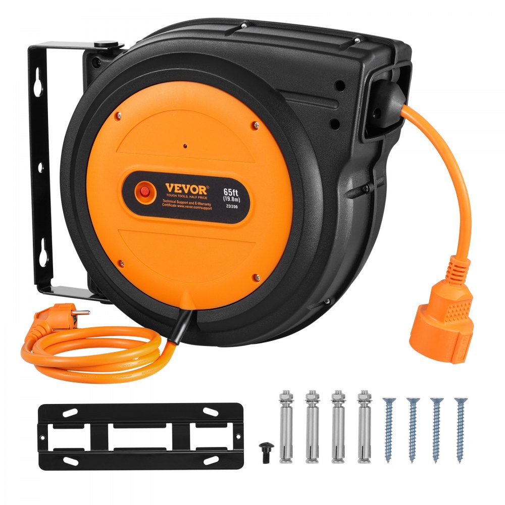VEVOR Retractable Extension Cord Reel, 19 m, 1600 W Heavy-Duty Retractable Power Cord with 1 m Lead, Overheating Protection, PP Sheath, 180° Swivel Bracket for Ceiling or Wall Mounting