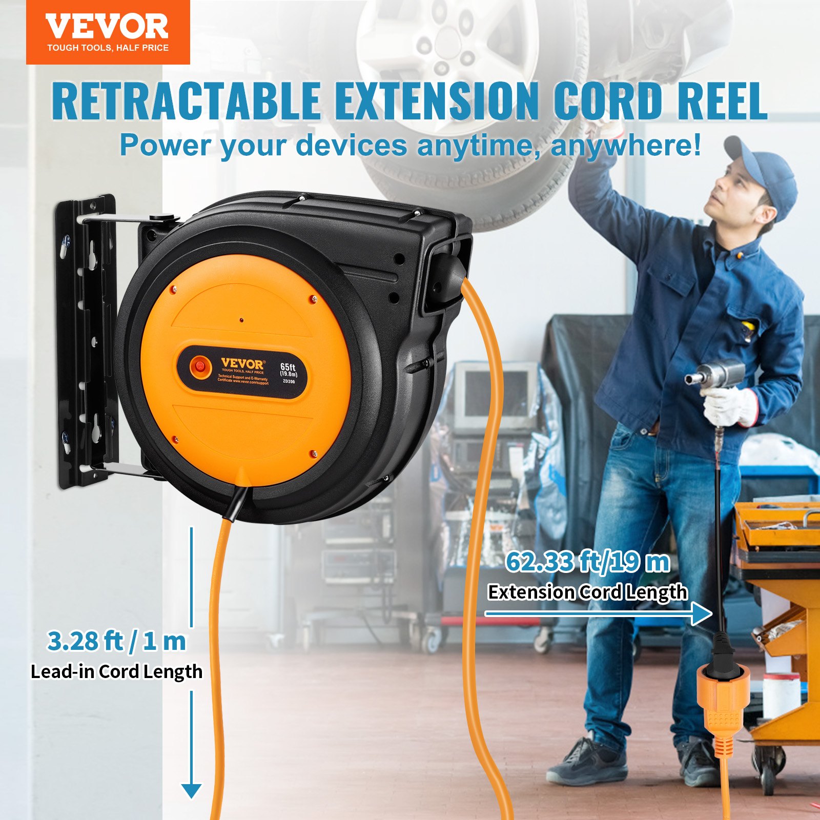 VEVOR Retractable Extension Cord Reel, 19 m, 1600 W Heavy-Duty Retractable Power Cord with 1 m Lead, Overheating Protection, PP Sheath, 180° Swivel Bracket for Ceiling or Wall Mounting