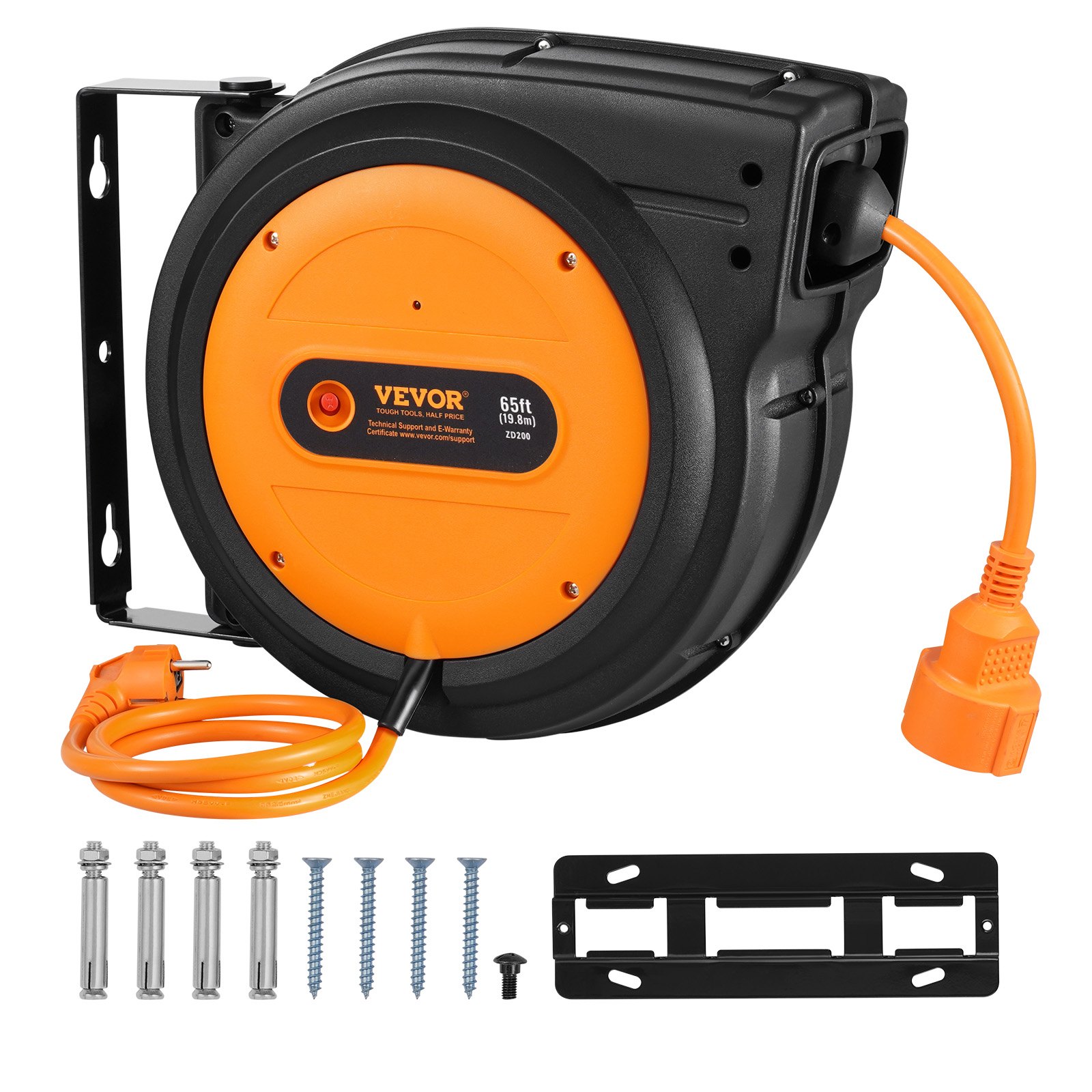 VEVOR Retractable Extension Cord Reel, 19 m, 1600 W Heavy-Duty Retractable Power Cord with 1 m Lead, Overheating Protection, PP Sheath, 180° Swivel Bracket for Ceiling or Wall Mounting