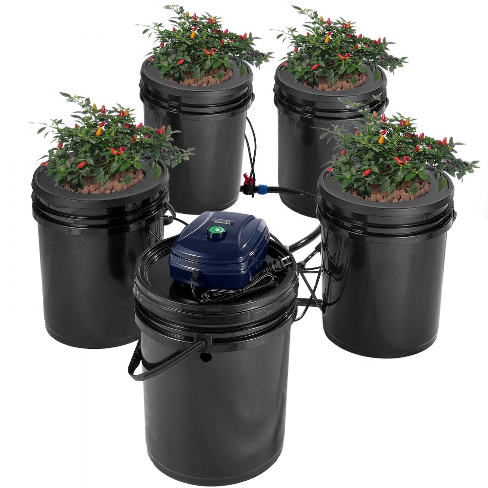 VEVOR RDWC Sistema de cultivo hidropónico, kit de goteo superior, cultivo de agua profunda de recirculación de 20 L 4 cubos, con bomba de aire, dispositivo de nivel de agua, para verduras de hoja
