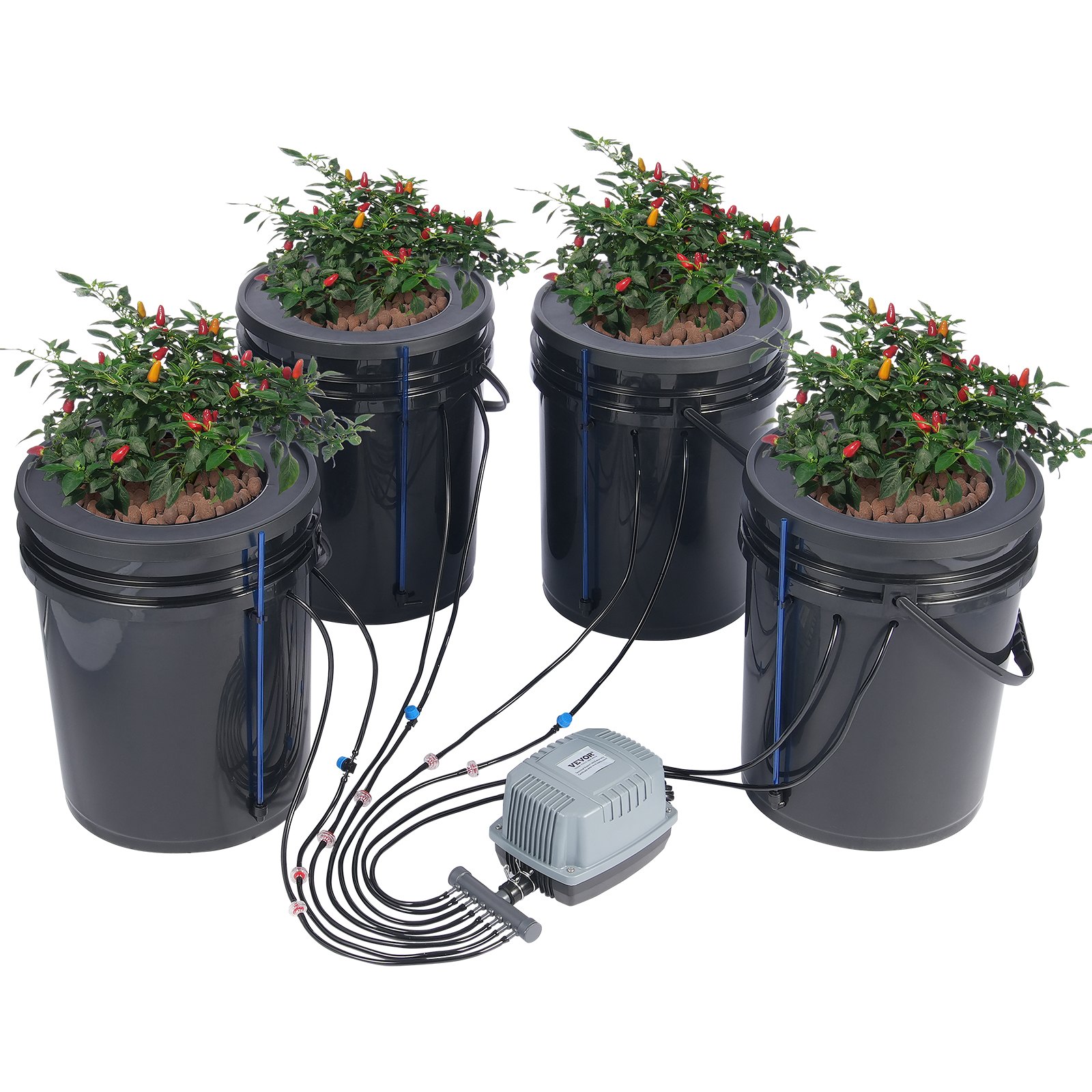 VEVOR DWC Sistema de cultivo hidropónico, kit de goteo superior, cultivo en agua profunda de 20 l, 4 cubos, con bomba de aire, piedras de aire, dispositivo de nivel de agua, para verduras de hoja