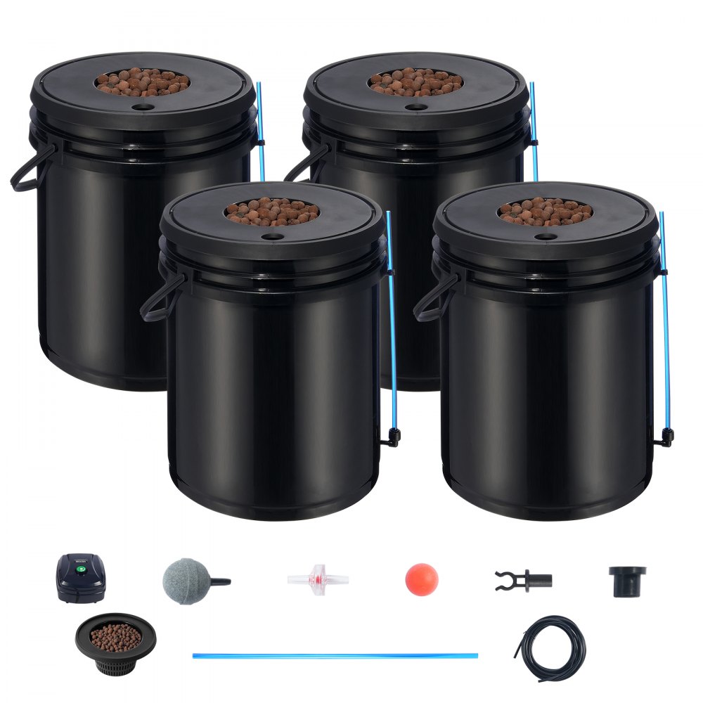 VEVOR DWC Sistema de Cultivo Hidropónico Kit de Cultivo de Agua Profunda de 20 L 4 Cubos con Bomba de Aire Piedras de Aire Dispositivo de Nivel de Agua Sistema Hidropónico DWC para Vegetales de Hoja