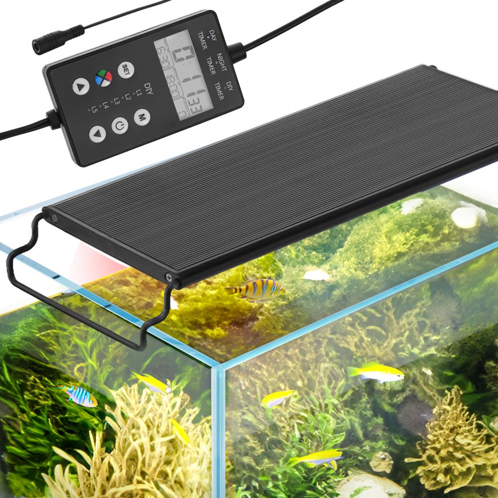 VEVOR Luz de Acuario con Monitor LCD, Luz de Tanque de Peces de Espectro Completo de 14 W, Brillo Ajustable y Temporizador, Soportes Extensibles de Carcasa de Aleación de Aluminio 300 x 95 x 35 mm