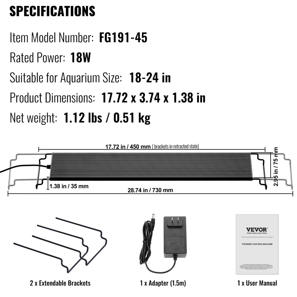 VEVOR Luz de Acuario con Monitor LCD, Luz de Tanque de Peces de Espectro Completo de 18 W, Brillo Ajustable y Temporizador, Soportes Extensibles de Carcasa de Aleación de Aluminio 450 x 95 x 35 mm