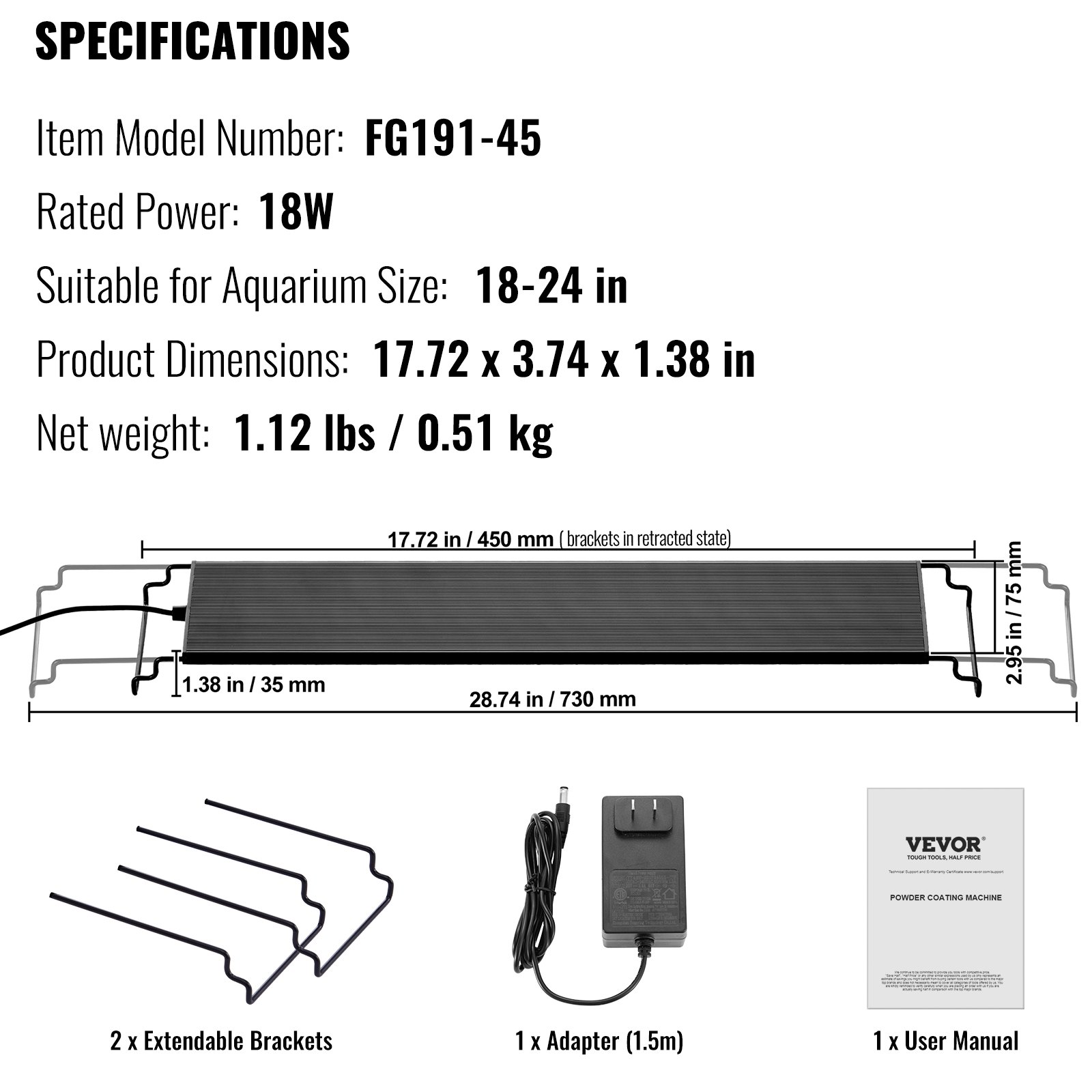 VEVOR Luz de Acuario con Monitor LCD, Luz de Tanque de Peces de Espectro Completo de 18 W, Brillo Ajustable y Temporizador, Soportes Extensibles de Carcasa de Aleación de Aluminio 450 x 95 x 35 mm