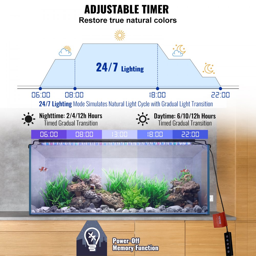 VEVOR Luz de Acuario, Luz de Tanque de Peces de Espectro Completo de 36 W, Temporizador Ajustable y Brillo de 5 Niveles, con Soportes Extensibles de Carcasa de Aleación de Aluminio 935 x 75 x 35 mm