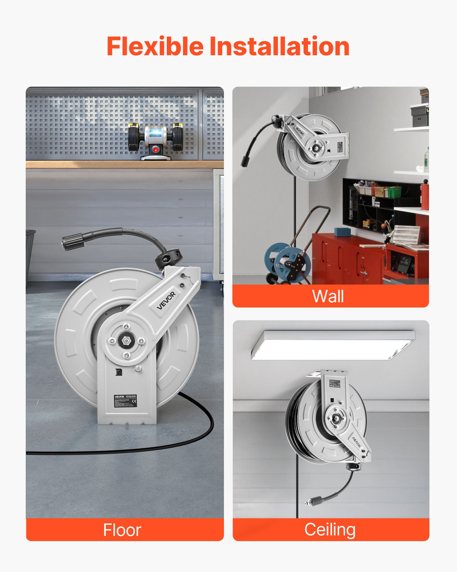 VEVOR Pressure Washer Hose Reel, 19.8 m x 6.4 mm Retractable Power Heavy-Duty Steel Washer Hose Reel, 3200PSI Max, Auto-Rewinding, Flexible Wall/Floor Mounted for Car Washing,Garden,Floor Cleaning