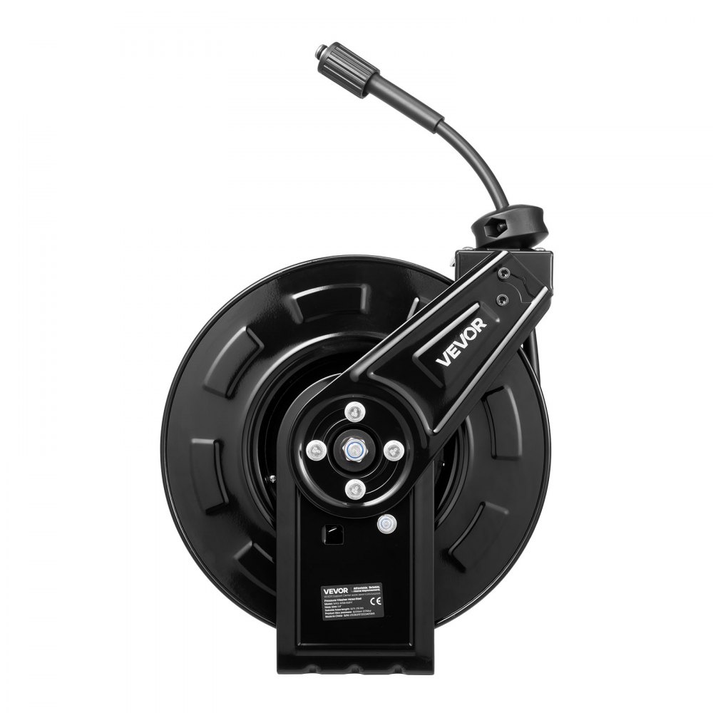 VEVOR Carrete de Manguera para Hidrolavadora 18,3 m x 6,4 mm, Retráctil de Acero, para Pared y Suelo, Presión de 275,8 bar, Rebobinado Automático para Lavado de Coches, Suelos y Jardines, Negro