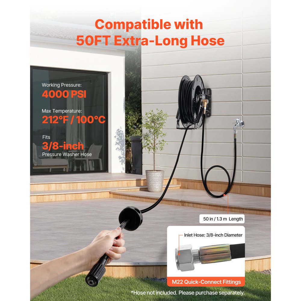 VEVOR Carrete de Manguera para Hidrolavadora 15,2 m x 9,5 mm, Retráctil de Acero, para Pared y Suelo, 275,8 bar de Presión, Rebobinado Automático para Lavado de Coches, Suelos y Jardines, Negro