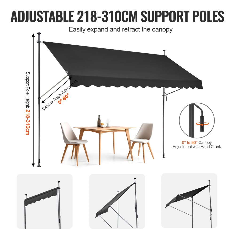 VEVOR Clamp Awning 350 x 120 cm, Balcony Awning with Hand Crank, Sun Awning, Patio Cover Sunsetter Deck, Height Adjustable from 218 to 309 cm, Awning for Terrace/Balcony/Garden, Black