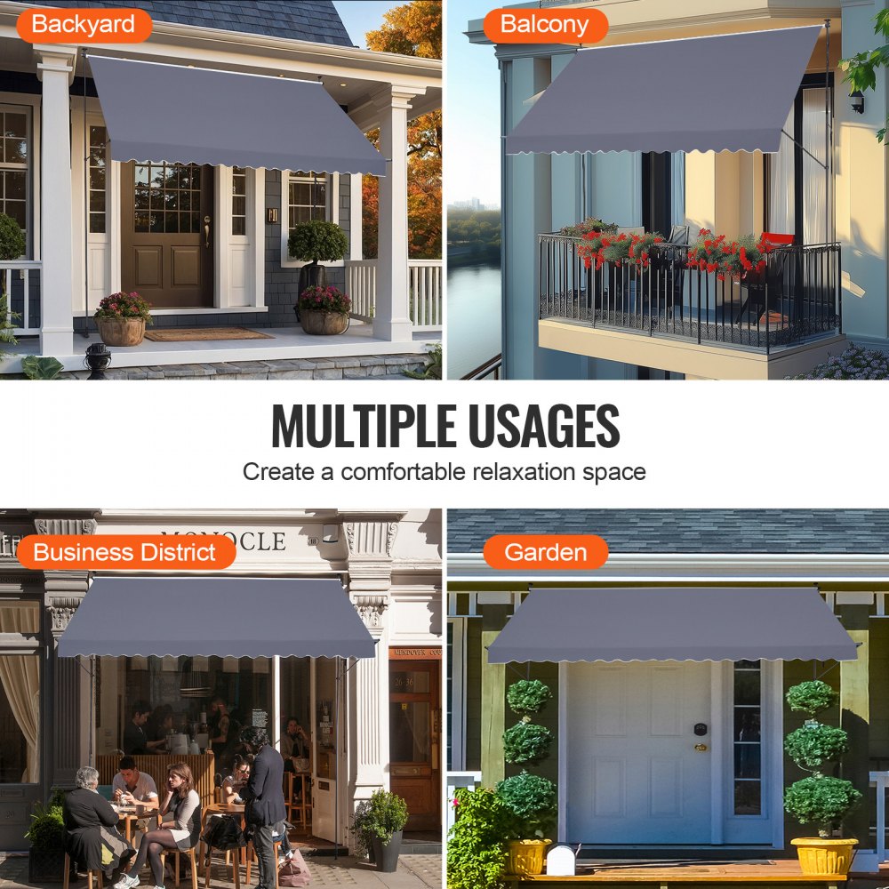 VEVOR Clamp Awning 450 x 120 cm, Balcony Awning with Hand Crank, Sun Awning, Patio Cover Sunsetter Deck, Height Adjustable from 218 to 309 cm, Awning for Patio/Balcony/Garden, Grey