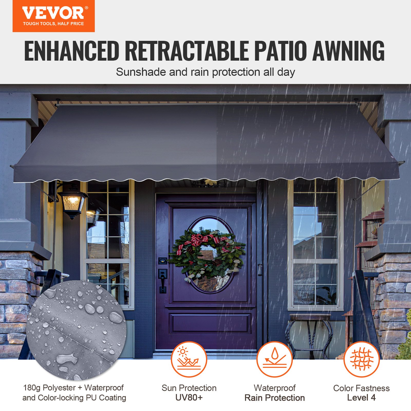 VEVOR Toldo Retráctil para Patio de 4,5x1,2 m Toldo Parasol con Manivela Manual Toldo para Patio al Aire Libre Altura Ajustable de 218 a 310 cm para Patio, Terraza, Jardín, Balcón, Gris Oscuro