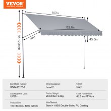 VEVOR Toldo Retráctil Manual 4 x 1,2 m con Manivela para Balcón Terraza, Gris