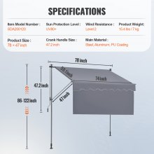 VEVOR Toldo Retráctil de 2 x 1,2 m, Toldo Manual para Terraza Altura Ajustable, Resistente al Viento y a los Rayos UV, con Cortina Parasol de 1 m y Manivela para Terraza, Patio Trasero, Jardín, Balcón