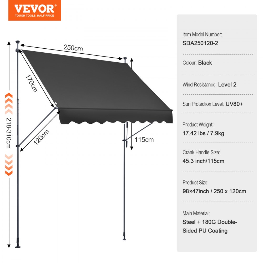 VEVOR Toldo Retráctil para Patio de 2,5x1,2 m Toldo Parasol con Manivela Manual Toldo para Patio al Aire Libre Altura Ajustable de 218 a 310 cm para Patio, Terraza, Jardín, Balcón, Negro