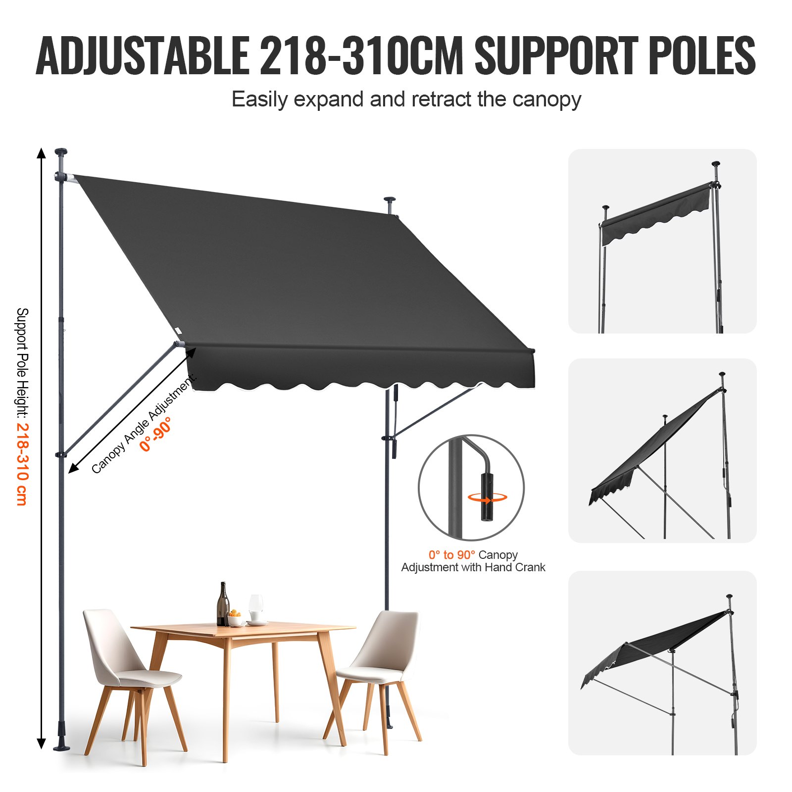 VEVOR Toldo Retráctil para Patio de 2,5x1,2 m Toldo Parasol con Manivela Manual Toldo para Patio al Aire Libre Altura Ajustable de 218 a 310 cm para Patio, Terraza, Jardín, Balcón, Negro