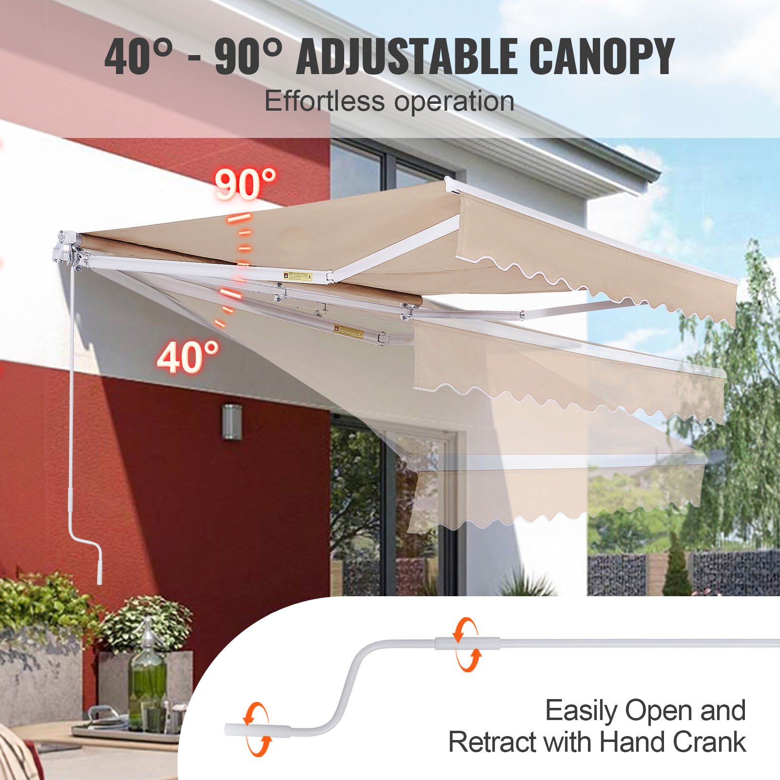 VEVOR Toldo para Terraza Retráctil 3,6 x 3 m Toldo Retráctil Patio Exterior 40°-90° Ajustable Viento/UV/Resistente al Agua Toldo Sombrilla Poliéster con Manivela para Patio, Terraza, Jardín, Balcón