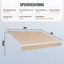 VEVOR Toldo para Terraza Retráctil 3x2,4 m Toldo Retráctil Patio Exterior 40°-90° Ajustable Viento/UV/Resistente al Agua Toldo Sombrilla Poliéster con Manivela para Patio, Terraza, Jardín, Balcón