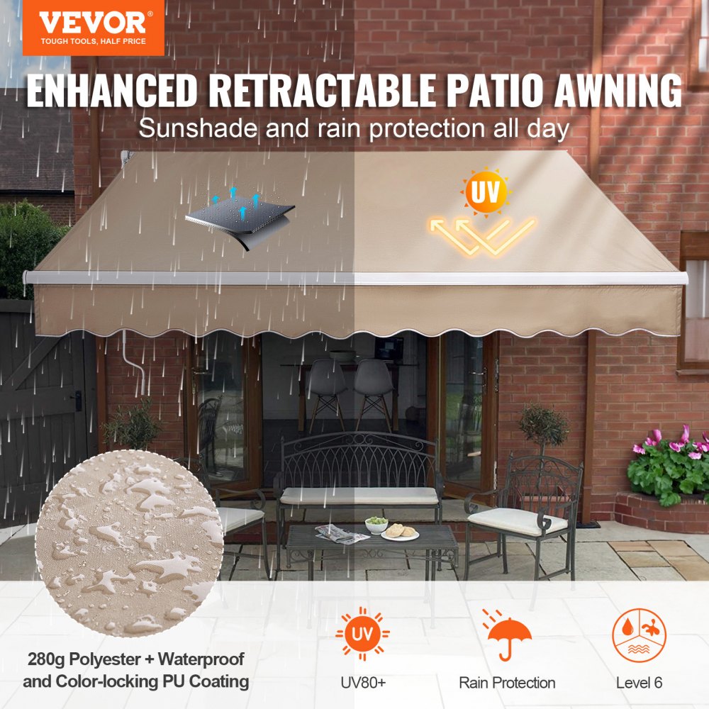 VEVOR Toldo para Terraza Retráctil 2,4x2,1 m Toldo Retráctil Patio Exterior 40°-90° Ajustable Viento/UV/Resistente al Agua Toldo Sombrilla Poliéster con Manivela para Patio, Terraza, Jardín, Balcón