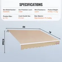 VEVOR Toldo para Terraza Retráctil 2,4x2,1 m Toldo Retráctil Patio Exterior 40°-90° Ajustable Viento/UV/Resistente al Agua Toldo Sombrilla Poliéster con Manivela para Patio, Terraza, Jardín, Balcón