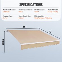 VEVOR Toldo para Terraza Retráctil 2,4x2,1 m Toldo Retráctil Patio Exterior 40°-90° Ajustable Viento/UV/Resistente al Agua Toldo Sombrilla Poliéster con Manivela para Patio, Terraza, Jardín, Balcón