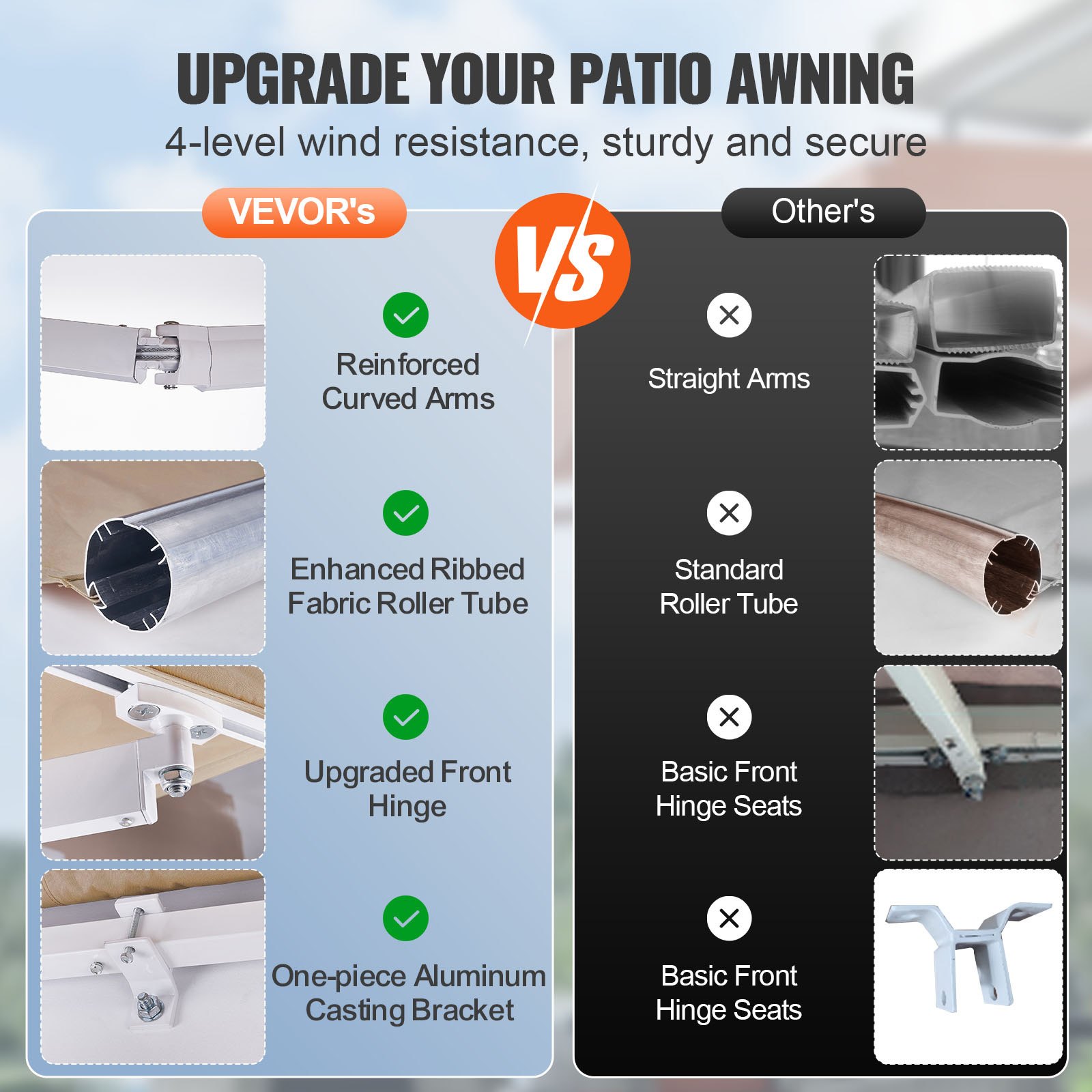 VEVOR Toldo para Terraza Retráctil 2,4x2,1 m Toldo Retráctil Patio Exterior 40°-90° Ajustable Viento/UV/Resistente al Agua Toldo Sombrilla Poliéster con Manivela para Patio, Terraza, Jardín, Balcón
