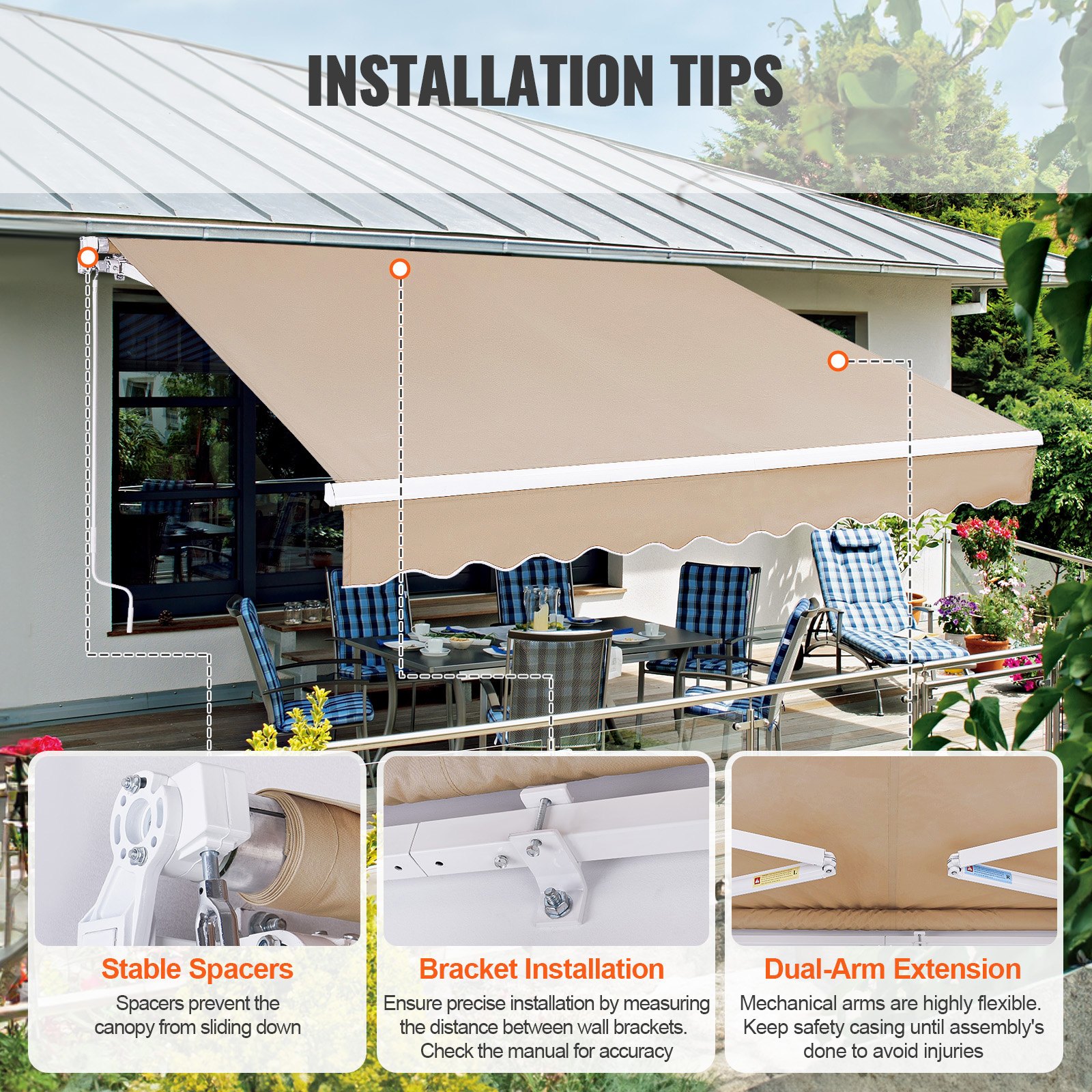 VEVOR Toldo para Terraza Retráctil 2,4x2,1 m Toldo Retráctil Patio Exterior 40°-90° Ajustable Viento/UV/Resistente al Agua Toldo Sombrilla Poliéster con Manivela para Patio, Terraza, Jardín, Balcón