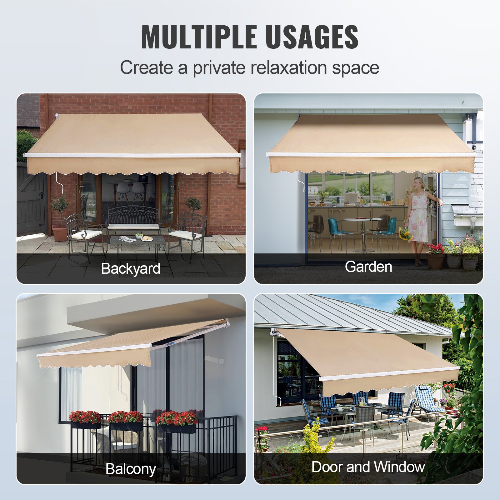 VEVOR Toldo para Terraza Retráctil 2,4x2,1 m Toldo Retráctil Patio Exterior 40°-90° Ajustable Viento/UV/Resistente al Agua Toldo Sombrilla Poliéster con Manivela para Patio, Terraza, Jardín, Balcón