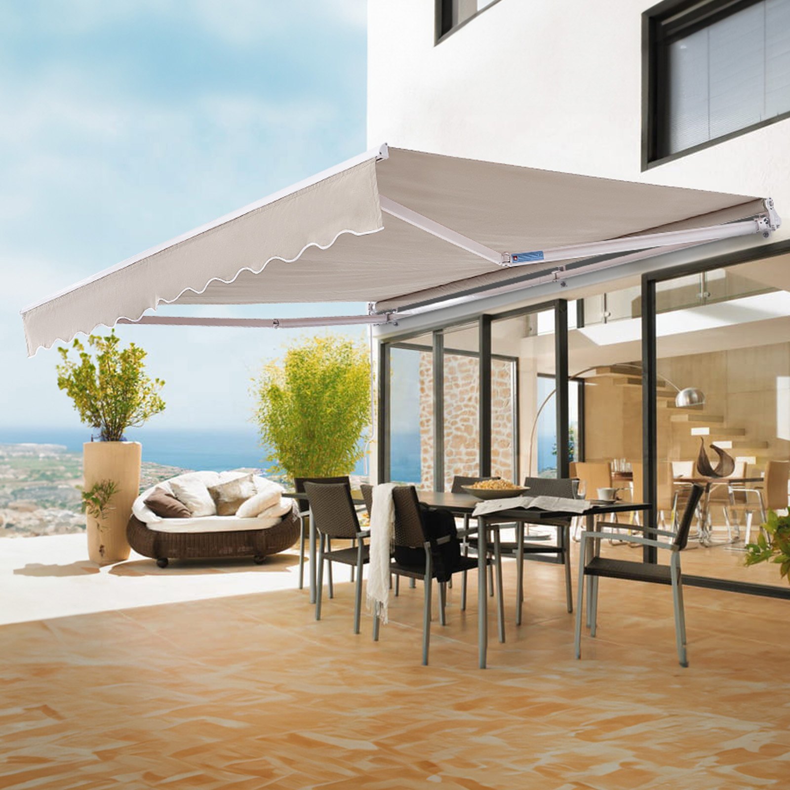 VEVOR Toldo para Terraza Retráctil 2,4x2,1 m Toldo Retráctil Patio Exterior 40°-90° Ajustable Viento/UV/Resistente al Agua Toldo Sombrilla Poliéster con Manivela para Patio, Terraza, Jardín, Balcón