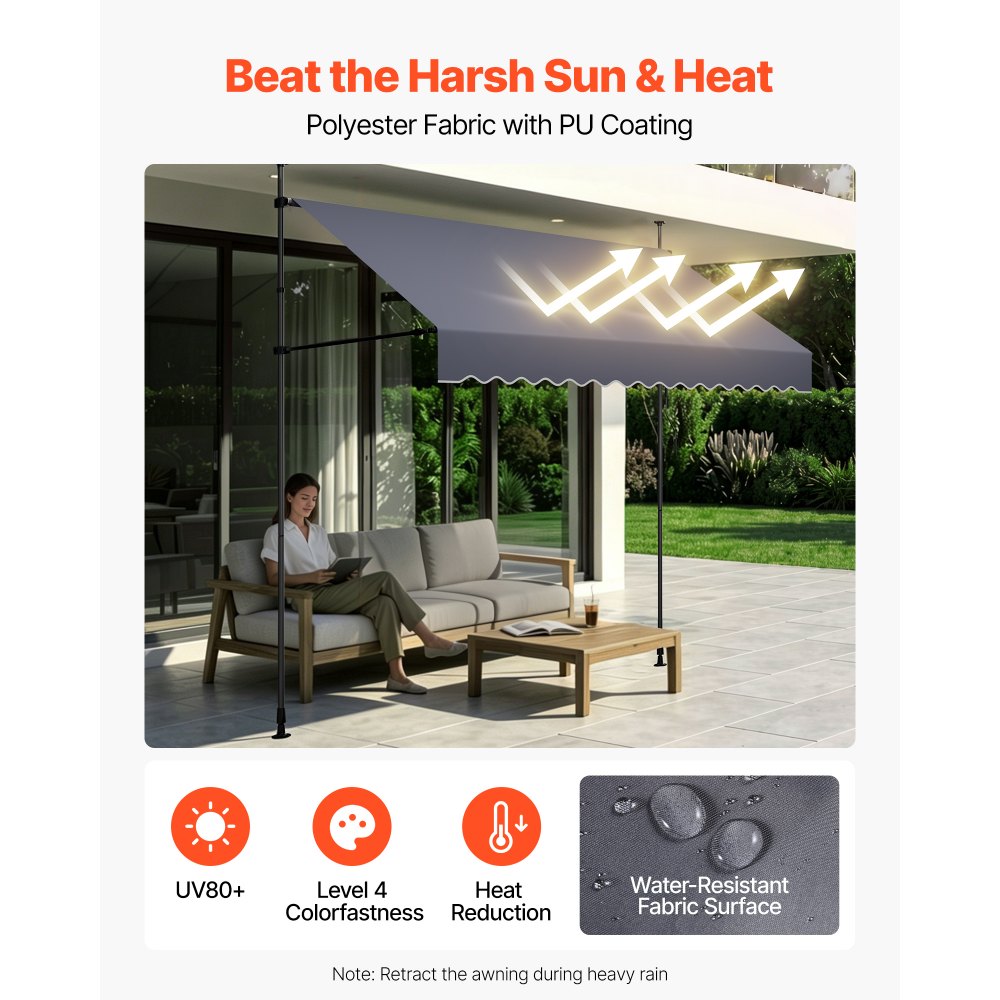 VEVOR Toldo Manual Retráctil 300 cm, Toldo Enrollable Exterior con Manivela Articulada, Altura Ajustable de 210 - 310 cm, Soporte de Aluminio, Instalación sin Taladro, para Balcón Terraza Jardín Patio